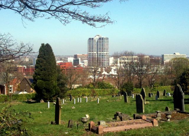 Swindon town centre, viewed from Radnor Street Cemetery