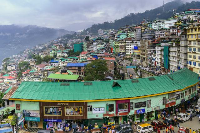 Sypraj Plaza in Downtown Gangtok and hillsides beyond