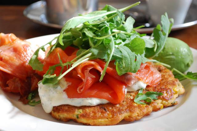 Tasmanian salmon on a pea and corn fritter