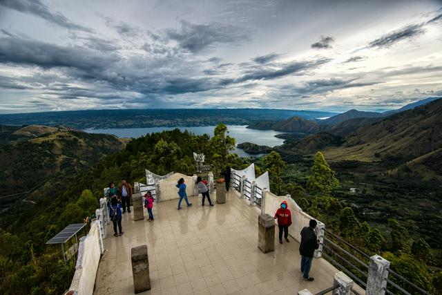 Tele observation tower terrace overlooking western Lake Toba & Samosir island.