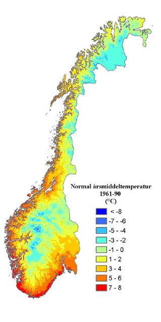 Annual mean temperature. Source: The Norwegian Meteorological Institute (met.no)