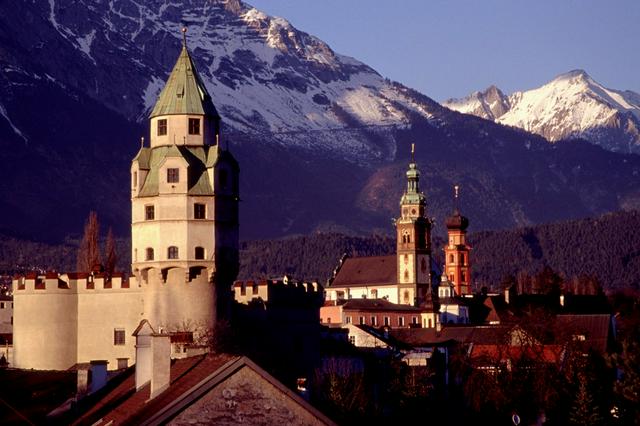 Hall Mint & Tower and the Jesuiten-Church with the Karwendel in the background