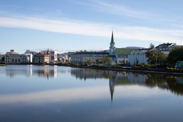 Lake Tjörnin, with the city hall, is in the centre of Reykjavík