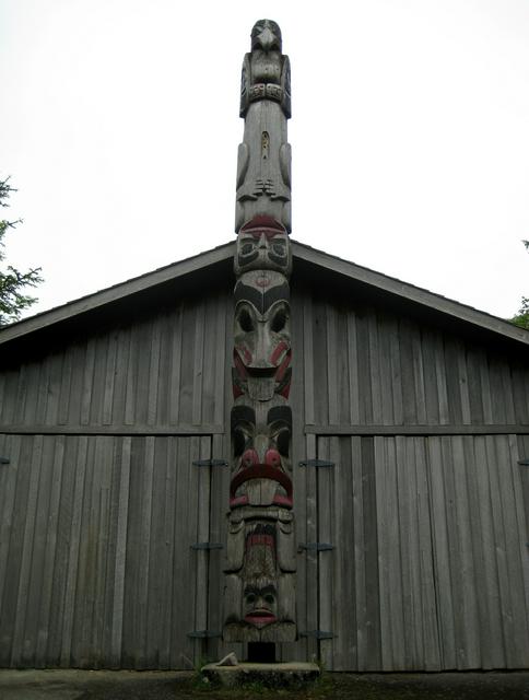 Totem pole in front of the First Nations Carving Shed