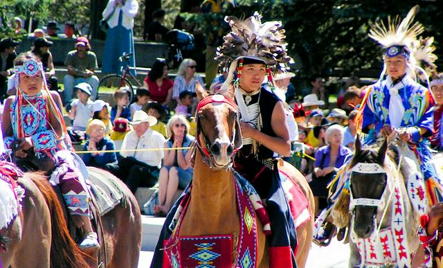 Tsuu T'ina people in traditional costumes at the Calgary Stampede