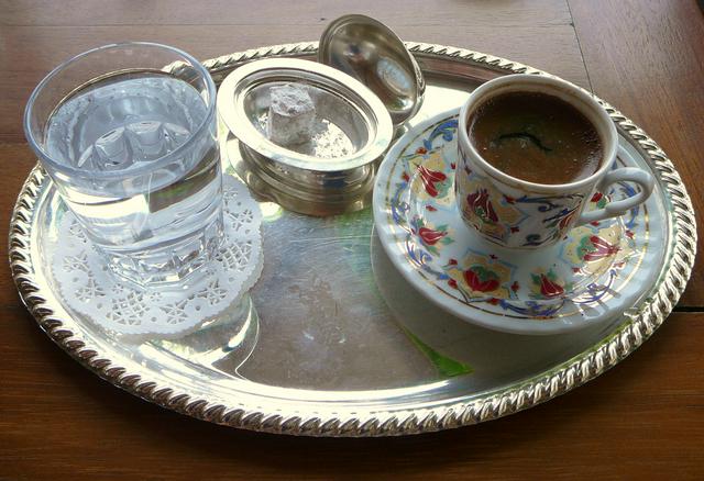 Turkish coffee served with water and Turkish delight in Istanbul