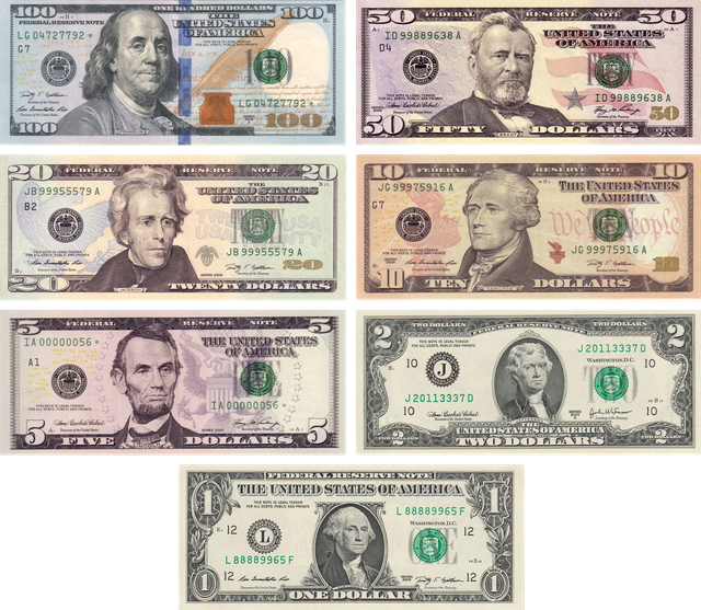 US$100, US$50, US$20, US$10, US$5, US$2 and US$1 bills
