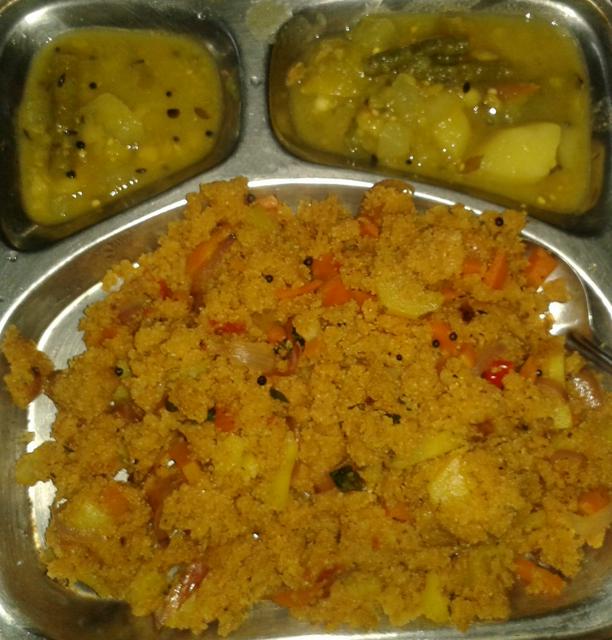 Uppuma Dalama is prepared from wheat, lentils, potato, brinjal, vegetables and spices.