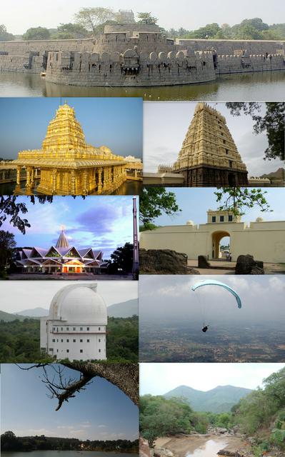 Clockwise from top: Vellore Fort, Jalakandeswarar Temple, Delhi Gate (Vellore), Paragliding at Yelagiri, Amirthi Zoological Park, Yelagiri Lake, Vainu Bappu Observatory, Assumption Cathedral, and Srilakshmi Golden Temple