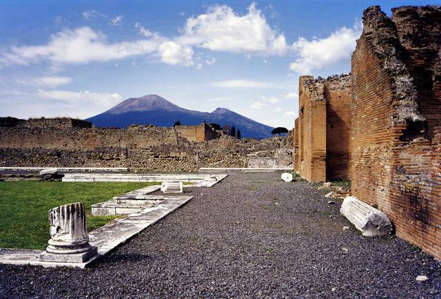 The ruins of Pompeii with Vesuvius in the background