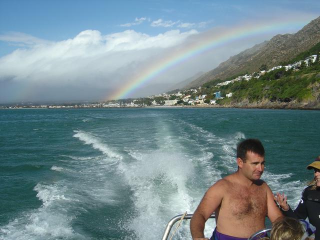 View of Bikini beach and the old harbour from a dive boat headed out to the reefs.