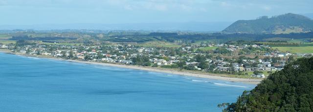 Waihi Beach, viewed from north on the coastal walk to Orokawa