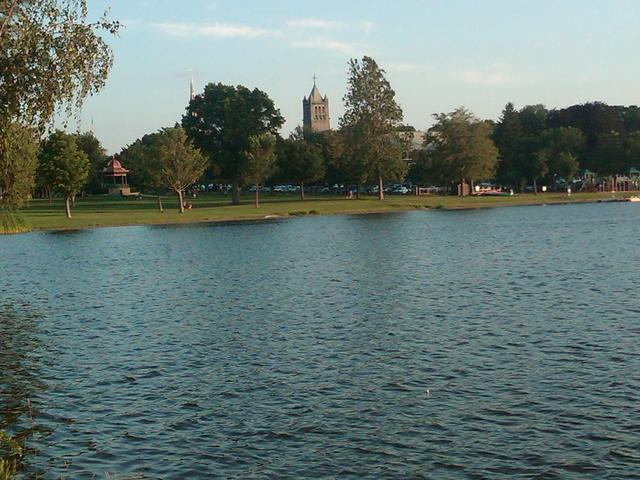 Wakefield Common, seen here from Lake Quannapowitt, is located in Wakefield's downtown area.