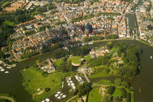 An aerial view of Weesp, with the fort visible in the lower half of the photo