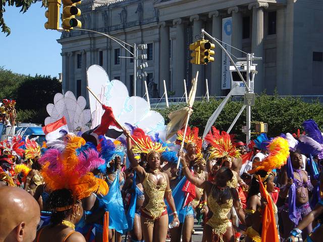 West Indian Day Parade-goers in front of the Brooklyn Museum on Eastern Parkway.