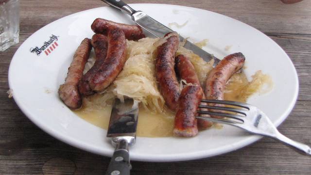 Bratwurst and Sauerkraut from the 500 year old fast-food stand in Regensburg