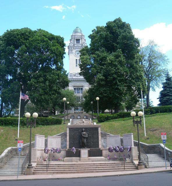 Yonkers City Hall and its war memorial, on South Broadway