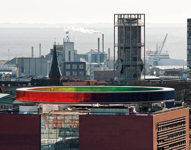 Aarhus skyline with ARoS Art Museum and the landmark clock tower of Aarhus City Hall.