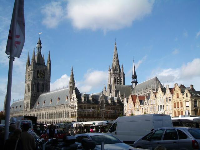 Ypres town centre. View across the crowded marketplace to the rebuilt Cloth Hall, location of the In Flanders Field Museum.