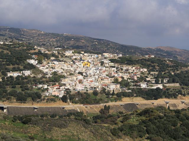 View of Chamezi village, Sitia municipality, from the south as of Nov 2015; the Chamezi Viaduct construction site of E-75 is in the foreground