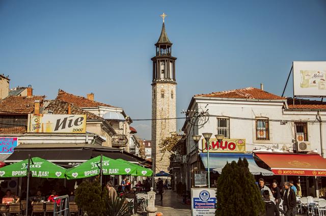 Heading into the Old Bazaar with the Clock Tower in full view