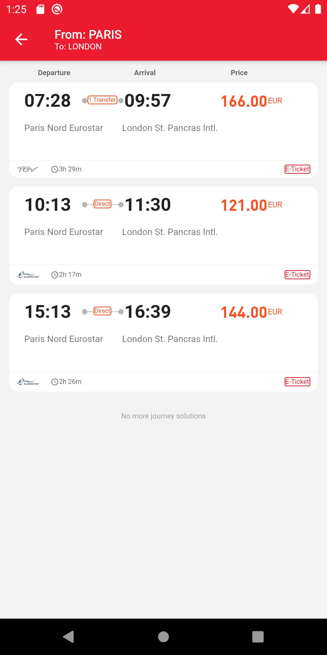 Paris to London Eurostar time table and price